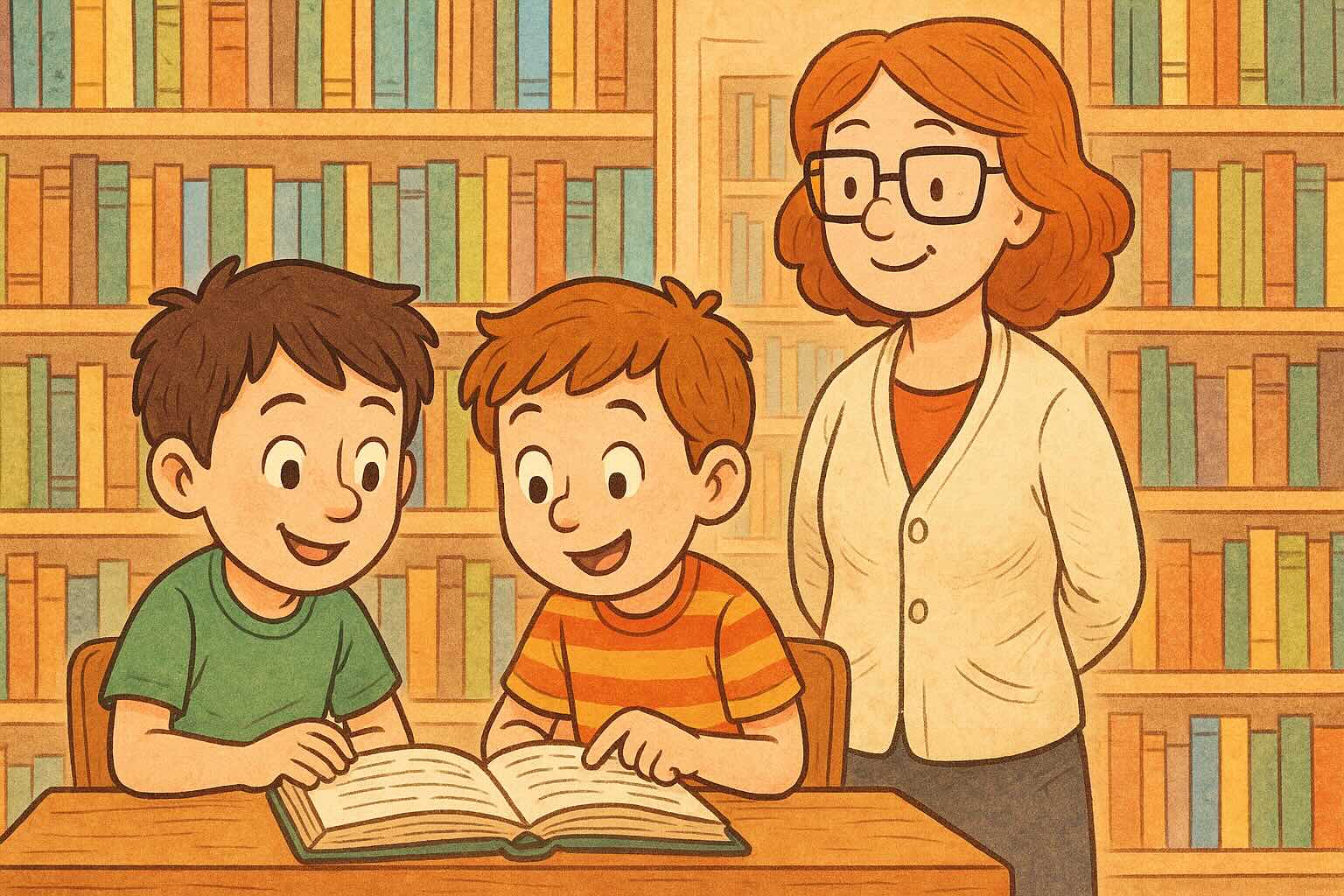To gutter og en dame på et bibliotek