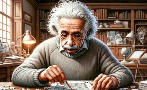 Albert Einstein løser et problem ved skrivebordet