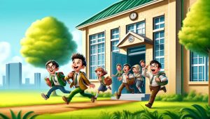 elever løper ut fra en skole