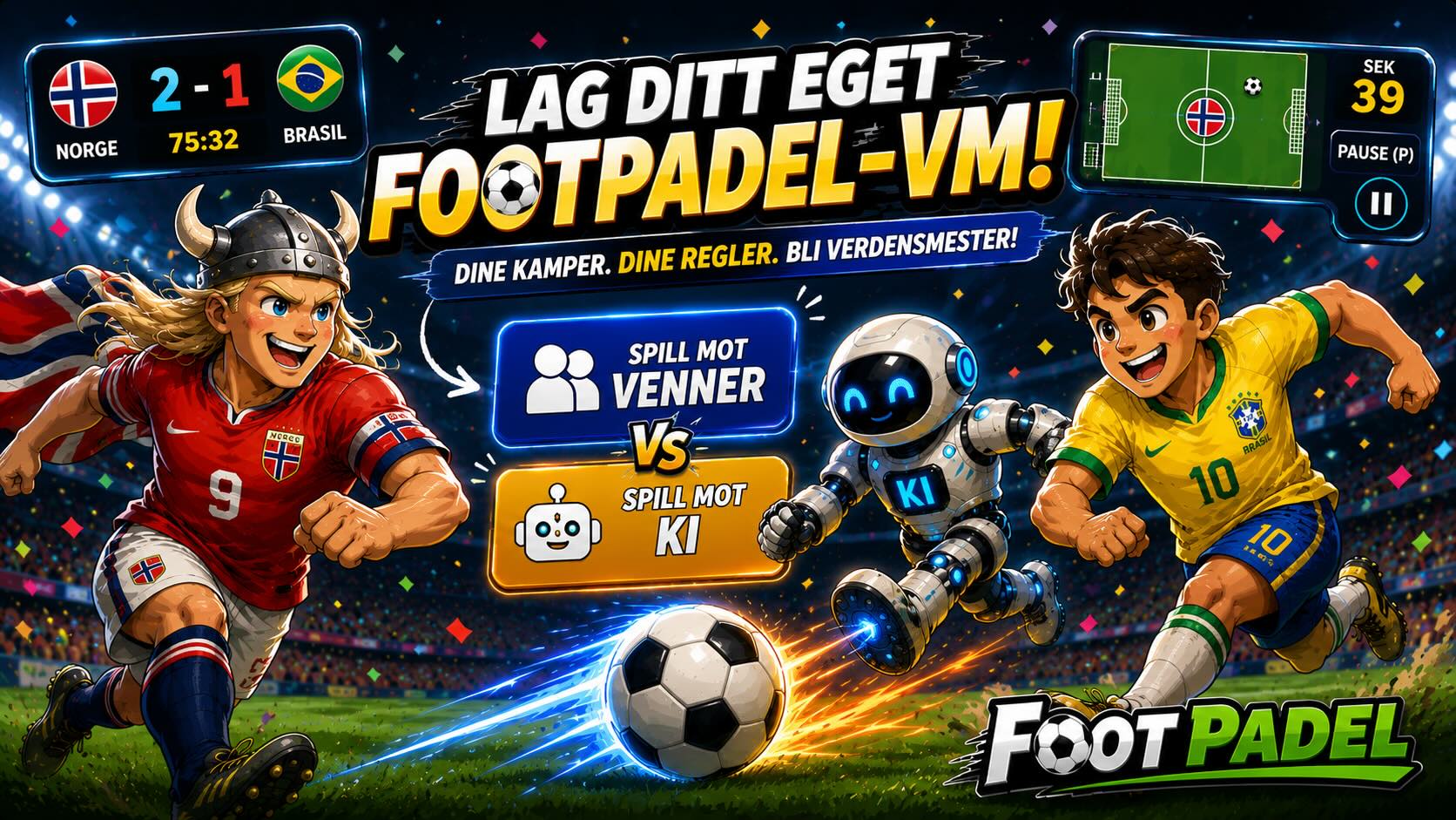 fotballspillere og robot på en fotballbane