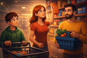 Familie på handletur i dagligvarebutikk