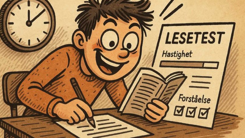 Gutt sitter og leser i en bok mens han skriver.
