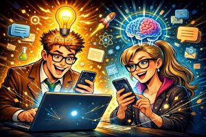 Man og kvinne leser på mobilskjerm og pc-skjerm.