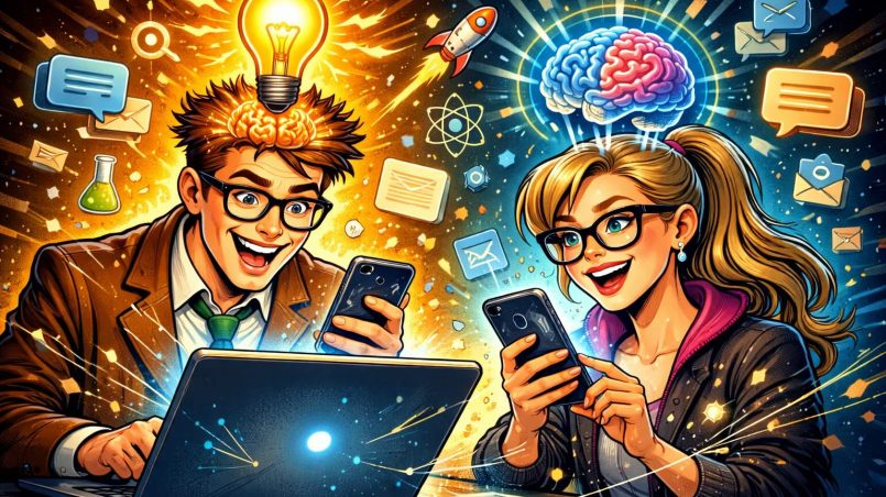 Man og kvinne leser på mobilskjerm og pc-skjerm.