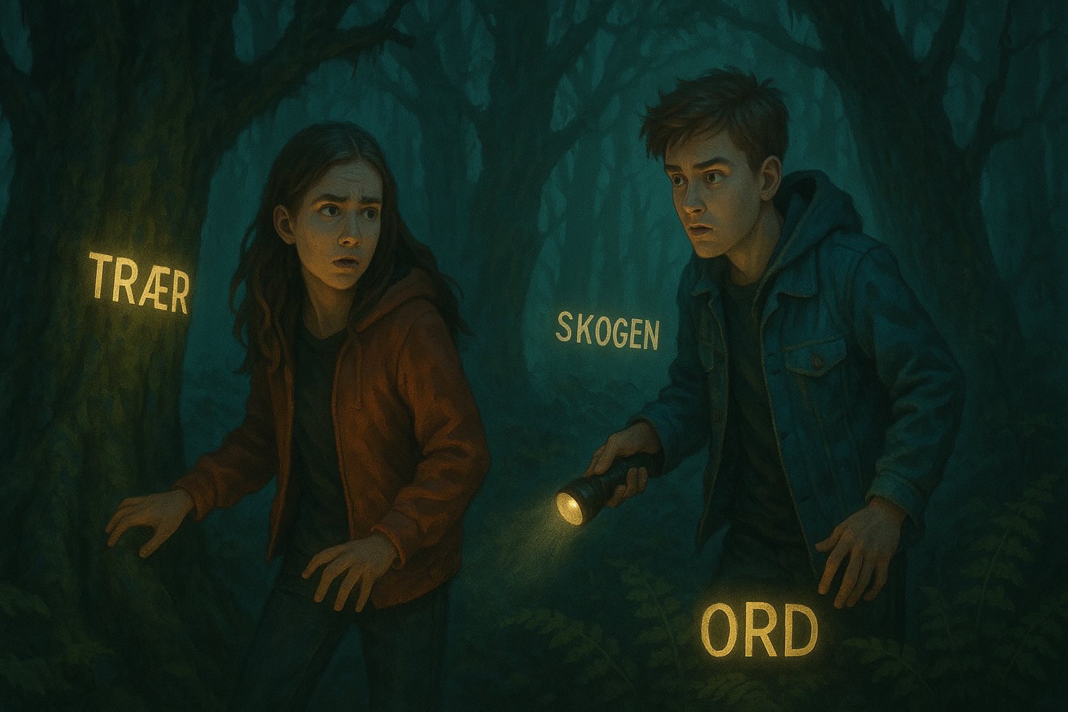 Gutt og jente går rundt i mørk skog med noen lysende ord.