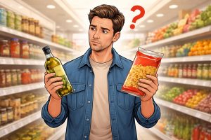 Mann holder to varer i en butikk.