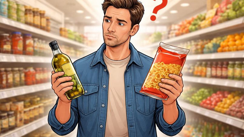 Mann holder to varer i en butikk.