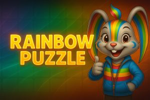 Fargerik kanin holder en tommel opp ved tittel "Rainbow Puzzle"