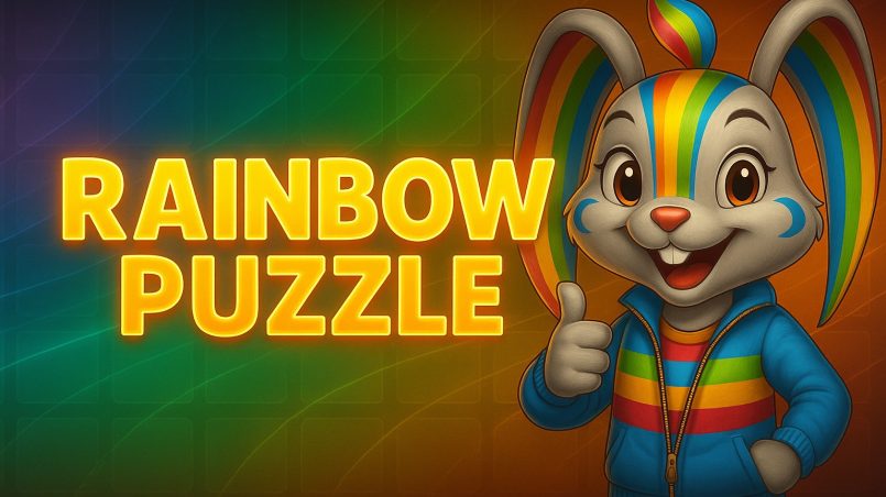 Fargerik kanin holder en tommel opp ved tittel "Rainbow Puzzle"