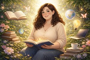 Kvinne sitter med bok på fanget