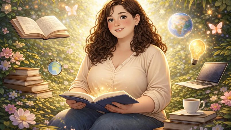 Kvinne sitter med bok på fanget